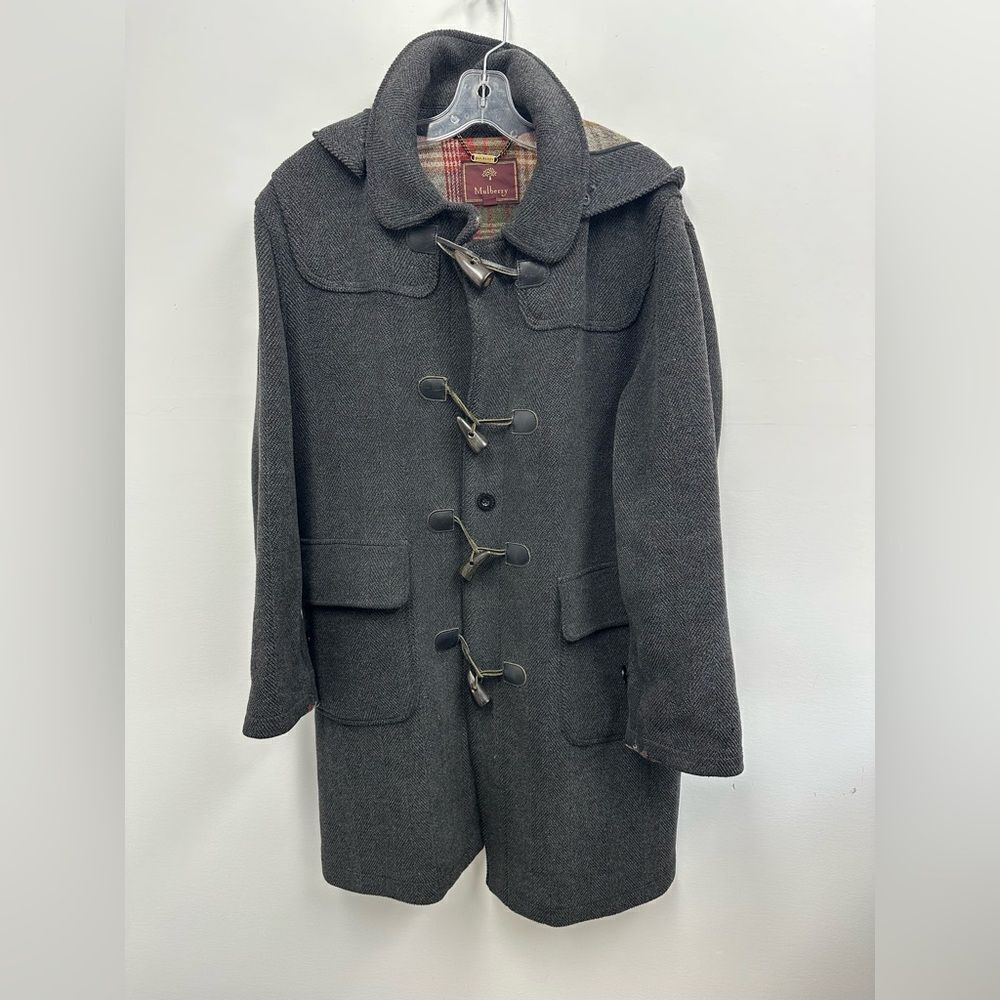 Vintage Mulberry London 90's Gray Wool Herringbone Hooded Toggle Pea Coat Size M - Picture 5 of 13